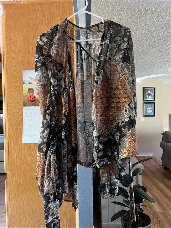 Hayden Los Angeles Jackets & Blazers - Sheer Floral & Paisley Open-Front Kimono Jacket in Black and Mustard